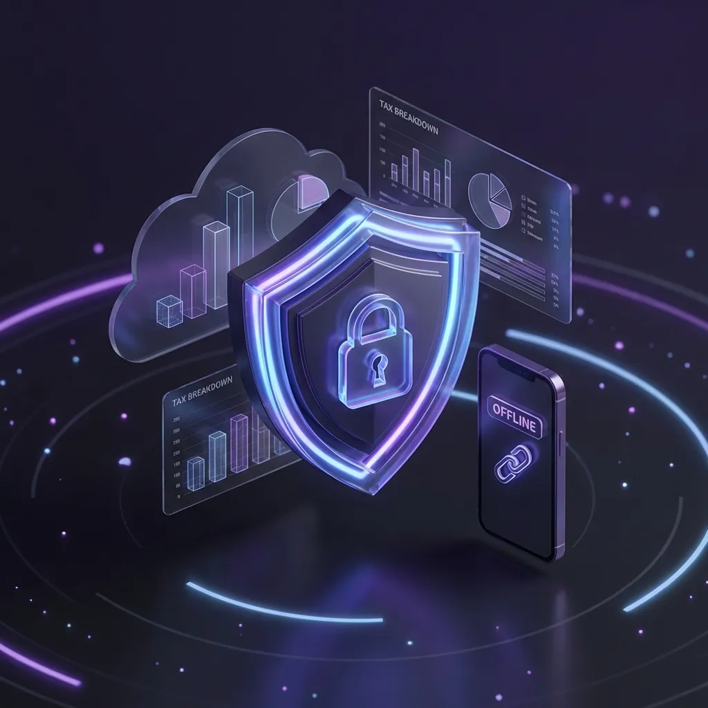 Shield protecting financial data with offline processing indicator
