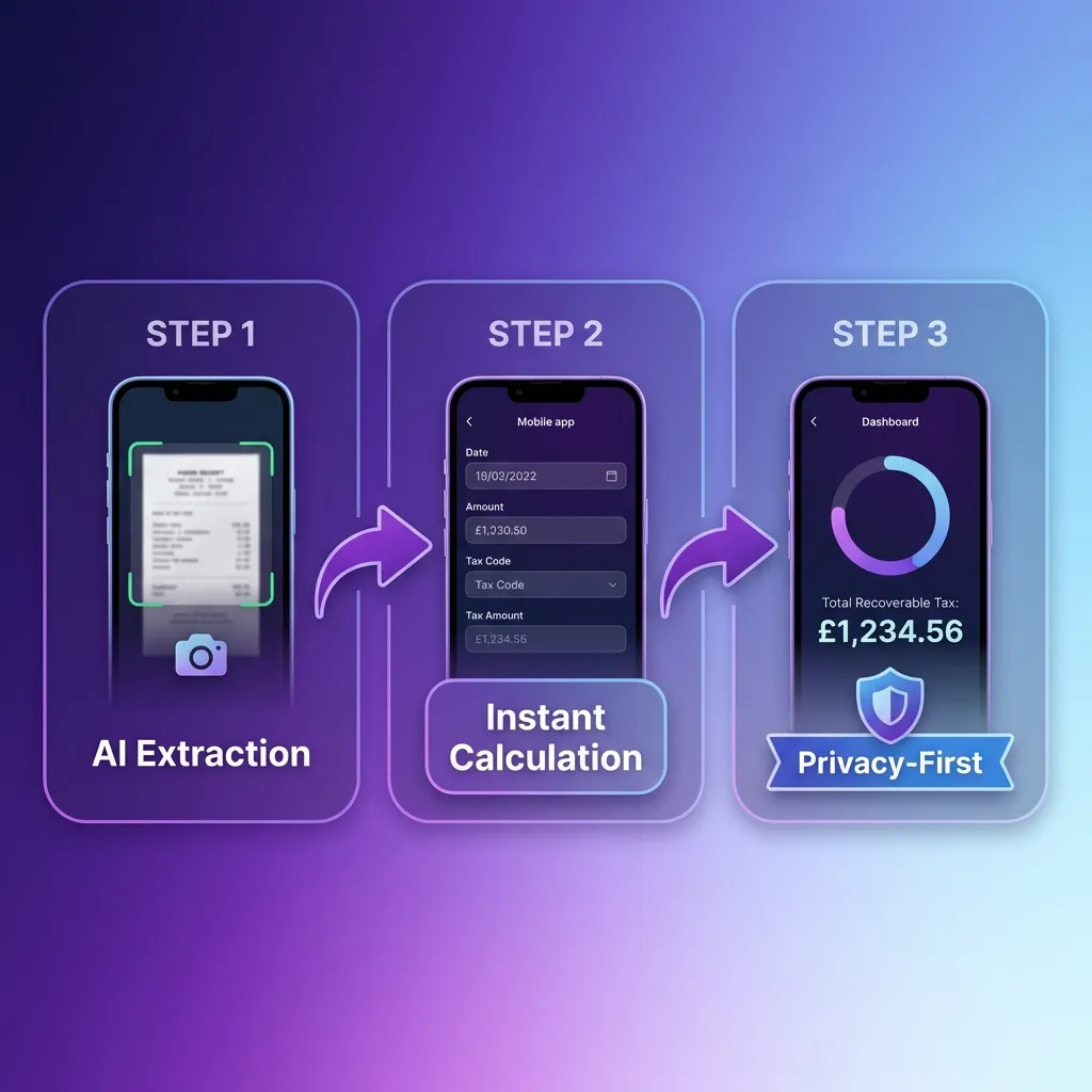 Step-by-step guide showing receipt scanning to tax analytics dashboard