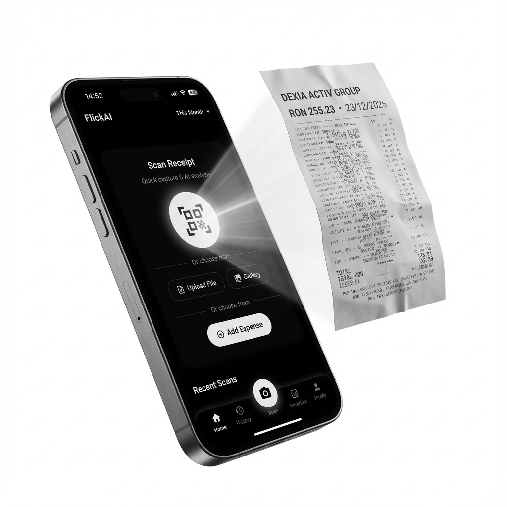 Minimalist monochrome style AI receipt scanner app